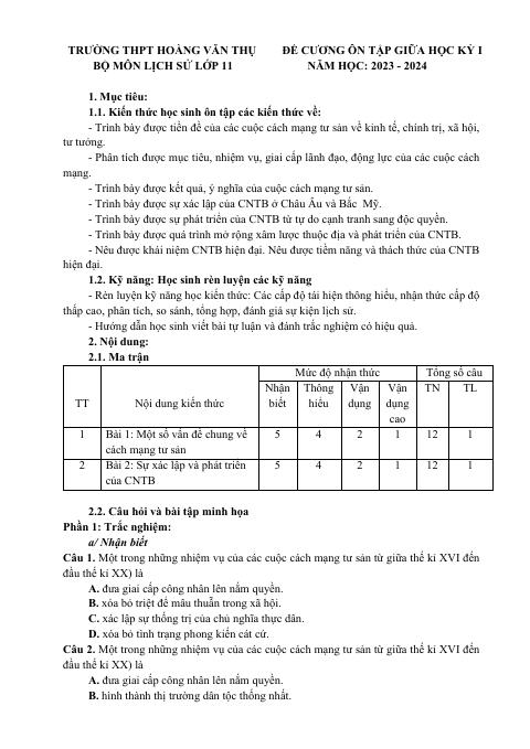 Đề cương ôn tập Giữa kì 1 Lịch sử 11 năm 2023–2024 trường THPT Hoàng Văn Thụ (Hà Nội)
